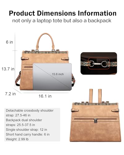 FADEON Laptop Bag for Women Designer PU Leather Large Tote Bags Backpack Purses with 15.6 Laptop Compartment Shoulder Handbag - color: Camel Brown Retro Style