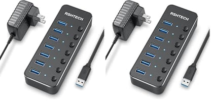USB 3.0 Hub, RSHTECH 7 Port Powered USB Hub Expander Aluminum USB 3.0 Data Port hub with Universal 5V AC Adapter and Individual On/Off Switches USB Splitter for Laptop and PC(Black) (Pack of 2) - size: 518-2A (Pack of 2)