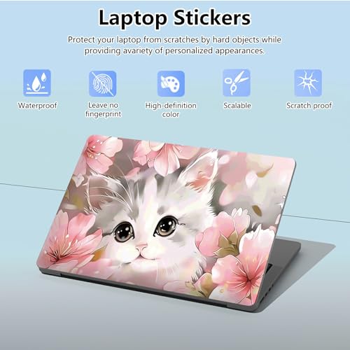 Universal Laptop Skin Sticker with 2 Wrist Pad Skins, Waterproof Scratch Resistant Vinyl Laptop Cover Decal, Cut to Fit for 11–15.6 Inch MacBook HP Dell Lenovo, Baby Cat Flowers - color: Baby Cat Flowers