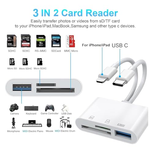 USB SD Card Reader for iPhone, MBODMI USB-C & Lightning Dual Port Connector | Digital Camera Adapter to iPhone USB C, Memory Card Reader Supports SD/Micro SD/USB 3.0 No App Required - size: 3-IN-2