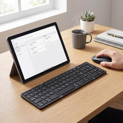 Foldable Keyboard and Mouse Combo, BT5.1 Full Size with Number Pad, 81 Keys, USB C Rechargeable, Scissor Switch, for Smartphone Laptop Tablet
