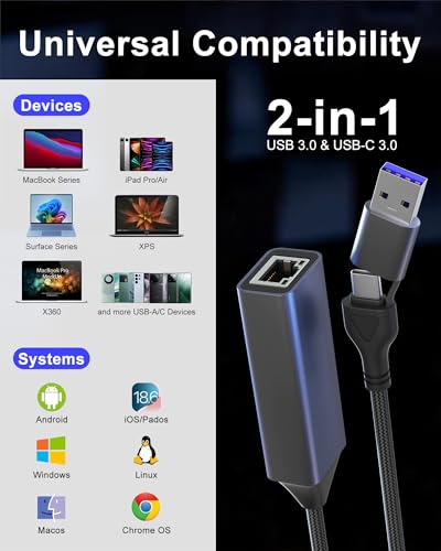 2.5gb USB to Ethernet Adapter, 2.5g Aluminum 2-in-1 USB & USB C to RJ45 Network Adapter 2500Mbps LAN Converter for MacBook Air/Pro, HP, XPS, Surface, iPad, iPhone 17/16 - color: 2.5gb