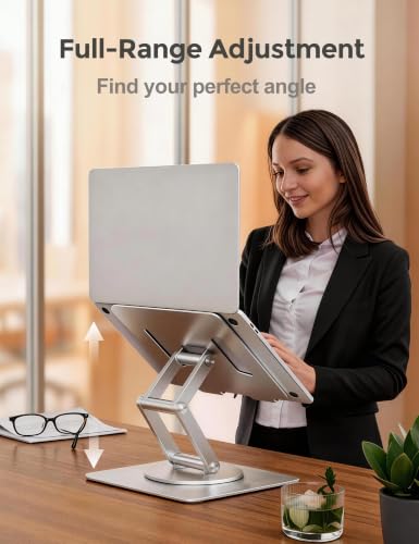 Laptop Stand, Dual-Axis Height Adjustable Ergonomic 360° Swivel | Anti-wobble carbon steel base, aluminum arm, 9.8" sit-to-stand height, hollow cooling panel, fits 10-17" MacBook & notebooks