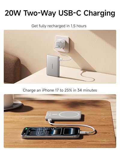 Baseus Picogo Power Bank, Smallest 5,000mAh Magnetic Wireless Charger with USB-C Braided Cable, Fast Charging Portable Battery Pack, NTC Safety Alloy Travel Essential for iPhone 17 Pro Max/17 Air/17e - color: Natural Titanium