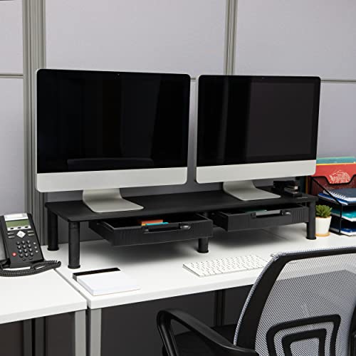 Mind Reader Dual Monitor Stand, Height Adjustable, Desktop Organizer, Laptop Riser, Office, 38.5"L x 11"W x 2.55-6.5"H, Black - size: 1 Tier with Drawer