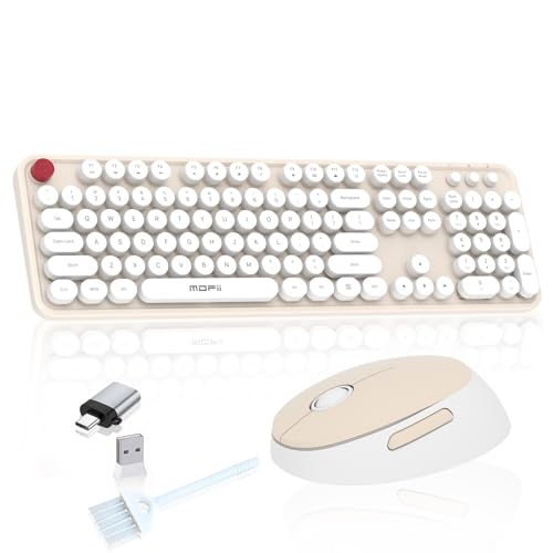 Wireless Keyboard Mouse, 104 Keys Cute Colorful Typewriter Creamy White | With OTG & Long Clean Bruch,Compatible With All windows and Type C Computer,1600DPI,Ideal For PC, Home, Office and College - color: Creamy