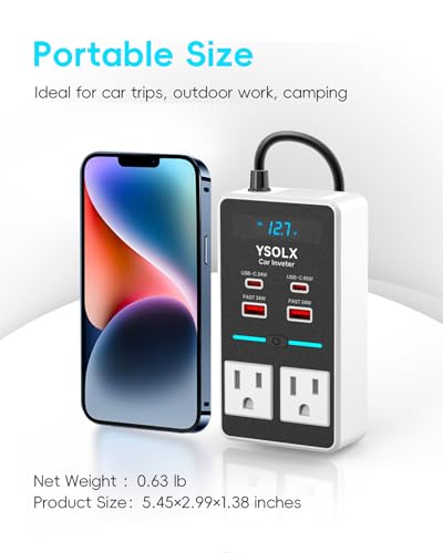 YSOLX 300W 12V to 110V Car Power Inverter | 65W USB-C,4 USB Post,Dual AC Car Plug Adapter Outlet,LED display.Suitable for Car Trips, Camping,Laptop - color: white