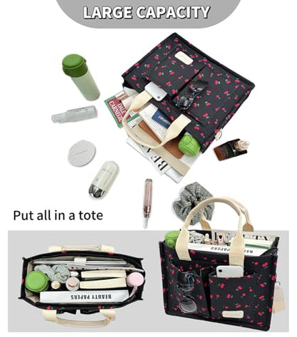 Large Canvas Tote Bag for Women Work Tote Bags with Pockets Laptop Crossbody Purses Everyday Bag Handbags for Travel - color: New Upgrade Plus Cherry Black