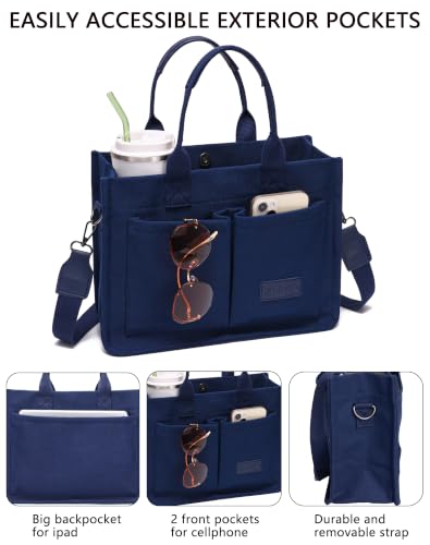 Canvas Tote Bag for Women,Women's Bags Crossbody Bags Work Laptop Tote Bag Large Handbags Purse for Travel Nurse Teacher - color: Navy Blue With Compartments