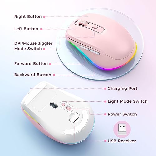 PEIOUS Mouse for Laptop, Wireless Mouse Jiggler - LED Wireless Mice with Build-in Mouse Jiggler Mover, Rechargeable Moving Mouse for Laptop Undetectable Keeps Computer Awake - Pink - color: Pink