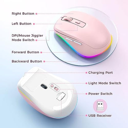 PEIOUS Wireless Mouse Jiggler, LED Mouse with Built-in Mouse Mover, Pink | Rechargeable, Silent Clicks, Adjustable DPI and Random Movement Keep Computers Awake for Work-Life Balance on Laptop/PC/Mac - color: Pink