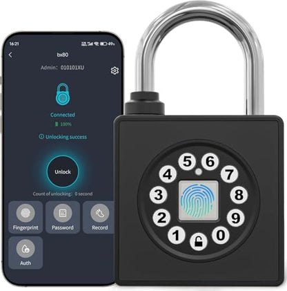 SFW Fingerprint Padlock with Key,Heavy Duty Combination Lock Locker,Water Resistance with Codes APP Access for Outdoor Fence Gate Pool Shed Gym Lock Storage