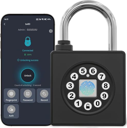 SFW Fingerprint Padlock with Key,Heavy Duty Combination Lock Locker,Water Resistance with Codes APP Access for Outdoor Fence Gate Pool Shed Gym Lock Storage