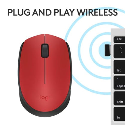 Logitech M170 Compact Ambidextrous 2.4 GHz Wireless Mouse - Red | Ambidextrous mouse with 2.4 GHz USB-A Nano Receiver, Optical Tracking, 12-Months Battery Life, PC, Mac, Laptop compatible - color: Red