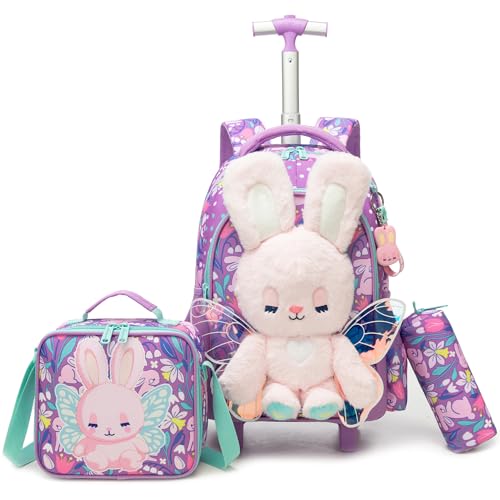 Meetbelify Rolling Backpack for Girls Backpacks with Wheels for Elementary Student Kids School Travel Bag for Girls Ages 6-8 Years Old - color: Purple Rabbit