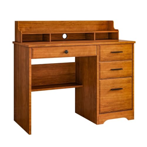 4 EVER WINNER Small Desk with Drawers for Small Spaces, 44'' Wood Desk with File Drawer & Monitor Stand, Office Desks Writing Study Table for Bedroom, Living Room, Brown - color: Brown