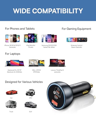 160W USB C Car Charger, Baseus Type C Car Charger, QC5.0 PD3.0 PPS 3 Ports Super Fast Charging Car Phone Charger Adapter for iPhone 15 14 13 Pro, Samsung S22 iPad MacBook Pro