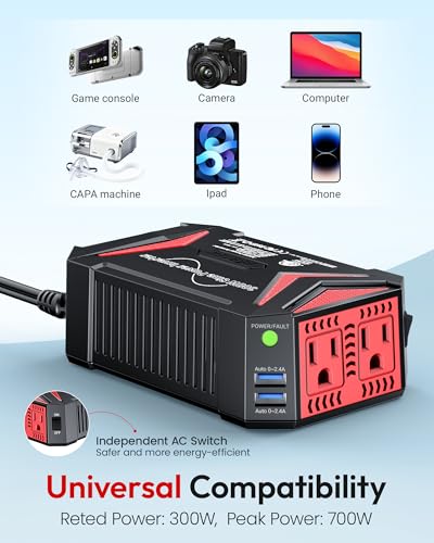 BESTEK Pure Sine Wave Power Inverter, 300W DC 12-17V to 110V AC Car Adapter | Vehicle Plug in Cigarette Lighter Outlet Solar Inverter, 4.8A Dual USB Fast Charging Ports for Phone, Laptop, CPAP(Black) - color: Black