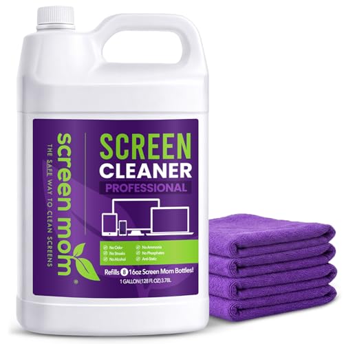 Screen Mom Cleaning Kit - 1 Gallon Screen Cleaner Spray Refill and 4 Pcs Purple Microfiber Cloth, TV Cleaner Spray and Cloth Set for Laptop, Phone, iPad, Car and Computer Cleaning Kit Electronic