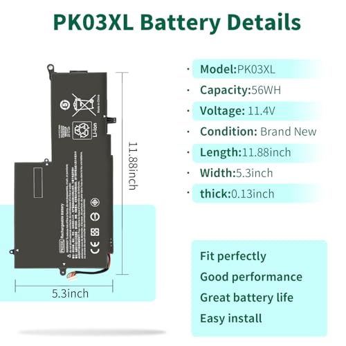 56Wh 789116-005 PK03XL Battery for HP Spectre X360 13-4003dx 13-4005dx | 13-4001dx 13-4002dx 13-4101dx 13-4116dx 13-4193dx 13-4103dx 13-4125nr PKO3XL PK03056XL-PL 788237-2C3 11.4V - size: 11.88*5.3*0.13inch PK03XL