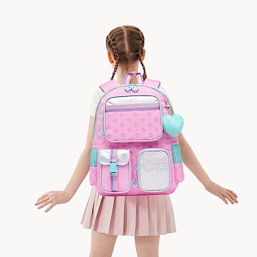 Meetbelify Pink Backpack with Wheels for Kids - Cute Carry On with Lunch Box & Pencil Case for Elementary Students - Travel Suitcase for Girls 8-10 - color: Star Pink