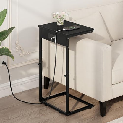 C Shaped End Tables Set of 2 with Charging Station, 33.2'' Tall C Table Adjustable Height Side Table, Small Side Table for Small Spaces, Couch Sofa Table TV Tray for Living Room, Black - color: Black (2 Pack), style: With Plug