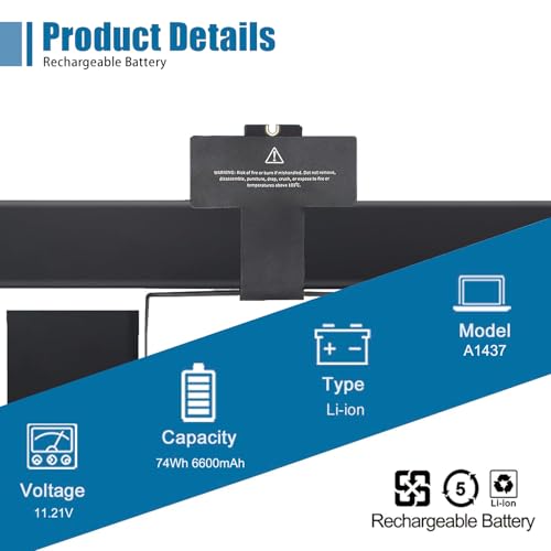 A1437 Laptop Battery for Apple Late 2012 Early 2013 MacBook Pro 13-inch Retina A1425 EMC 2557 EMC 2672 Battery MacBook Pro 13" A1425 Battery 11.21V 74Wh - size: 11.62*5.82*0.34 inch A1437
