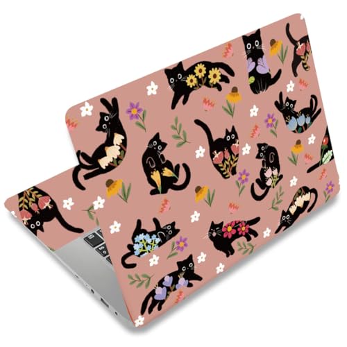 SUPERDANT Laptop Skin Sticker Black Cat Flowers Laptop Decals Personalized Universal Notebook Computer Wrap Vinyl Skin Stickers Cover Art Decal Removable 12-15.6 Inch Scratch-Resistant Gifts Pink