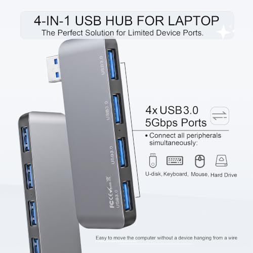 Portable 4-Port USB 3.0 Hub with Direct Plug-in USB Male Connector Design | Space-Saving USB Hub Compatible with Laptops and Desktops, Works with Windows, macOS, Linux and Chrome OS