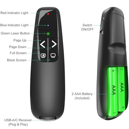 Clicker PowerPoint Presentation Wireless Presenter Remote, Green Laser Pointer for Computer Clickers, USB C A Project Power Point PPT Clicker for Mac Laptop Office, Slideshow Google Slide Advancer - style: Green Laser + case
