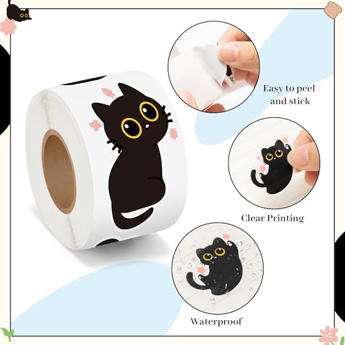 Black Cat Sticker Roll - 1000 Pcs Cute Black Cat Flower Waterproof Vinyl Reusable Laptop Stickers Coloring Book Scrapbook Water Bottle Page Activity Pad Birthday Party Favors Kids Skateboard - style: Cute Black Cat