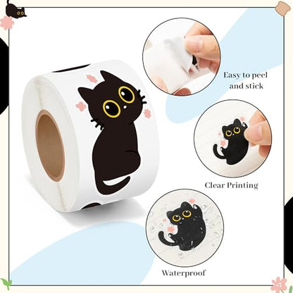 Black Cat Sticker Roll - 1000 Pcs Cute Black Cat Flower Waterproof Vinyl Reusable Laptop Stickers Coloring Book Scrapbook Water Bottle Page Activity Pad Birthday Party Favors Kids Skateboard - style: Cute Black Cat