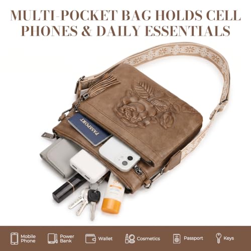 Vegan Leather Purses for Women, Daily Travel Crossbody Bags | Small Multi-Pocket Shoulder Bag with Adjustable Boho Wide Strap - color: Apricot Brown
