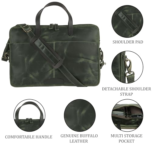 KomalC Leather Laptop Sleeve 15.5" with Trolley Strap, Fits up to 16" Laptop, Slim Office Bag with Shoulder Strap - color: Green
