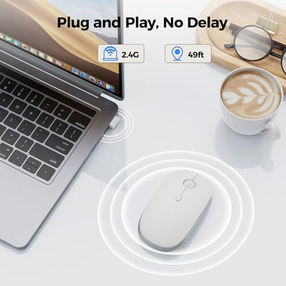 TECKNET Rechargeable Slim Portable Silent Computer 2.4 GHz Wireless Mouse | Lightweight Ambidextrous with USB-A Receiver, 4000 DPI Optical Tracking 90-Day Battery Life, Compatible with PC, Mac, Laptop - color: Silver white