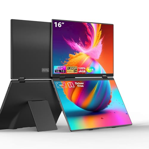 16" Foldable Laptop Screen Extender, Dual Portable Monitors. | 1200P, Plug & Play, All-Metal, Ultra Slim, Extend/Mirror/Splicing/Flip Mode, USB-C/HDMI, Low Blue Light, Speaker, for Win/Mac - size: 16" Foldable Monitor