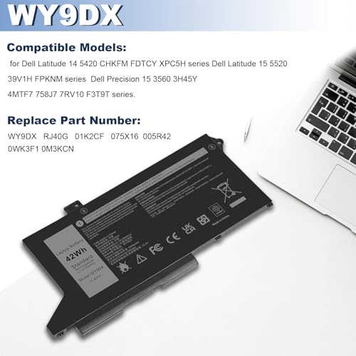 Futurebatt WY9DX Laptop Battery Replacement for Dell Latitude 5420 5520 Precision 15 3560 Dell P137G P137G001 P104F P104F001 Series RJ40G 01K2CF 075X16 0WK3F1 0M3KCN 005R42 11.4V 3500mAh 3-Cells - size: WY9DX