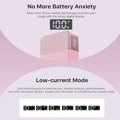 NOBIS Portable Charger, 65W 20000mAh Power Bank Fast Charging PD QC, 2 USB-C(in/Out) & 2 USB-A Battery Pack with Digital Display for Laptop Phone 17 Tablet Earbuds - color: Pink