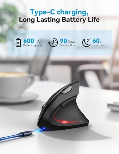 TECKNET Ergonomic Mouse with Jiggler, Bluetooth Wireless Vertical Mouse, 4800DPI Rechargeable Carpal Tunnel Mouse, Undetectable Random Movement Keeps Computers Awake for PC, Laptop, Mackbook - color: Dark Grey
