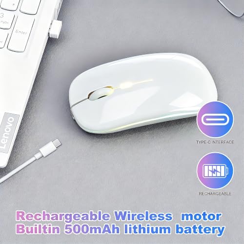 Wireless Bluetooth Mouse Rechargeable Long Lasting Dual Mode - BT 5.2 & 2.4G Silent RGB LED Mice, Slim Portable Ergonomic Mouse for Laptop/PC/Tablet/MacBook/iPad/Apple Devices(White) - color: White
