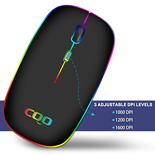 COO Wireless Mouse, LED Slim Bluetooth Mouse with 3 Adjustable DPI, Silent, Rechargeable, Dual Mode(Bluetooth 5.1 and 2.4G Wireless) for iPad OS 13, MacBook, Laptop, Mac OS 10.10 - color: Matte Black