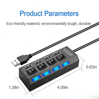 1Pcs 4-Port USB 2.0 Hub with Individual On/Off Switches, Portable USB Splitter Expander for PC Laptop Computer, Black