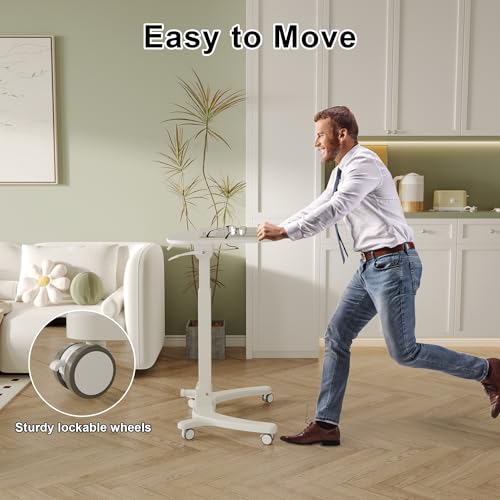 BONTEC Mobile Foldable Standing Desk, Portable Adjustable Height Desk with Gas Spring, Small Rolling Laptop Desk with Wheels for Home, Office, Bedroom, and Medical Use, 25.6" x 19.7" Desktop, White - color: White