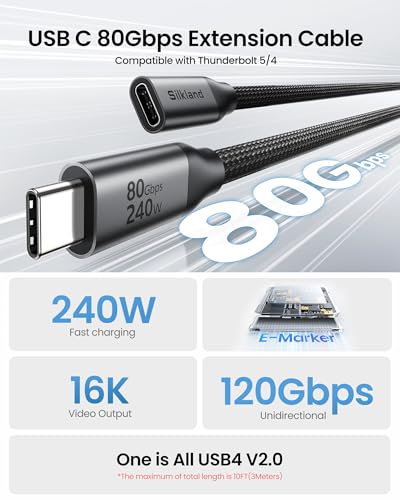 Silkland 80Gbps USB4 USB C Extension Cable 240W for Thunderbolt 5/4, 6.6FT | Male to Female Extender Cord, 8K@60Hz, 4K@540Hz, USB-C Hub, Dock, Monitor, iPhone 17/16, iPad, MacBook, External SSD, 6.6FT - size: 6.6 Feet