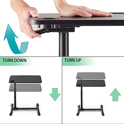ETHU Overbed Table with Hydraulic Lift, 27.1-34.2 Inch Height Adjustable Bed Table with Lockable Casters - Wood Grain Tabletop with Cup Holder & Charging Slot, 22lbs Capacity Rolling Bedside Desk - color: Black