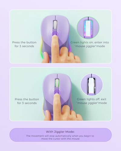 PEIOUS Wireless Jiggler Mouse for Laptop Keeps Computer Awake- Light Purple | 2-in-1 rechargeable LED mouse with jiggler mode, random movement, On/Off control, and plug-and-play USB - color: Purple