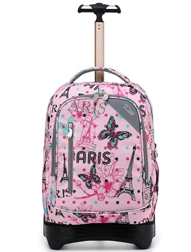 NEW TILAMI 18-Inch Rolling Backpack 6-Wheel for Kids School Travel | 6-Wheel Stair-Climbing Girls Boys Carry-on Suitcase Water-Resistant Adjustable Trolley Handle Wheels School Travel Camping - color: Pink Paris Cute