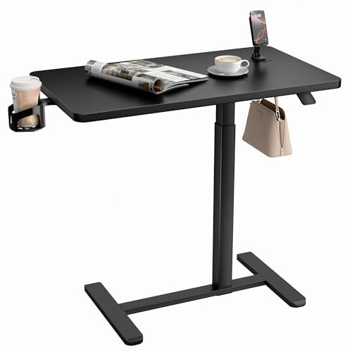 YESHOMY Adjustable Bedside Table with Wheels, Phone Stand, Cup Holder and Headphone Hook, Adjustable Height Side Table, Hospital and Home Use, Black - color: Black, size: 31.5 Inch