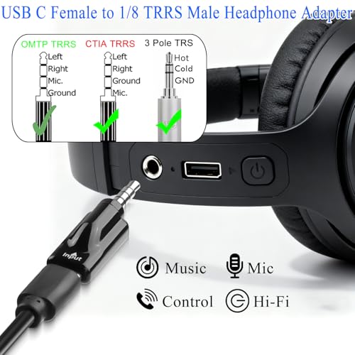 QIANRENON USB C to 3.5mm Headphone Adapter USB C Female to TRRS 3.5mm Male Audio Connector Type C to 4 Pole 1/8 Headset Plug Converter DAC Decoding, for AUX Car Audio Mobile Phone Computer, 2Pcs
