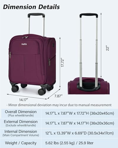 HanTrip 16 Inch Underseat Carry On Luggage with Wheels Softside Small Suitcases Personal Item Bag with Pocket Travel Luggage for Men Women Business Overnight Bag(Purple) - color: Purple
